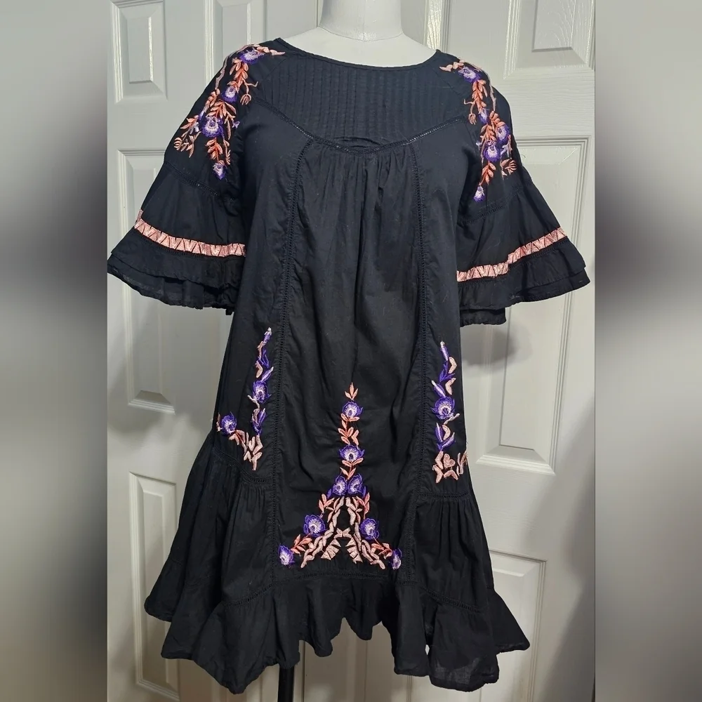 Free People Pavlo Cotton Embroidered Black Flounce Fairycore Dress Sz XS